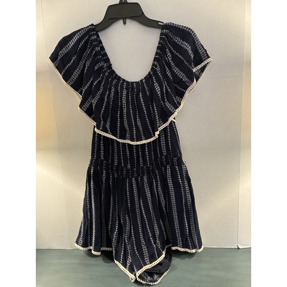 Lulus Navy Boho Romper Dress Overlay Crochet Trim Flutter Sleeve Womens S